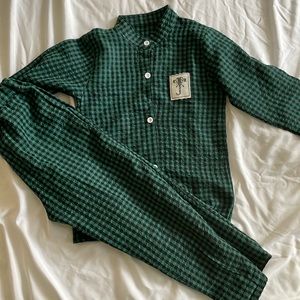 Matching 2 pc mock neck button up green black plaid